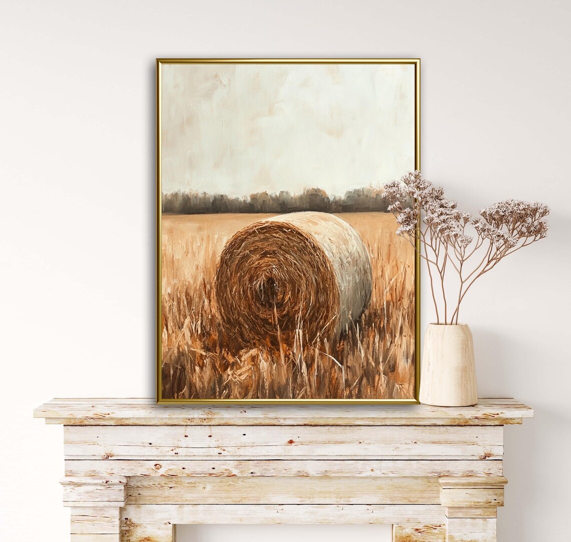 Rustic Hay Bale In Golden Autumn Field Minimalist Farmhouse Landscape Print - Image 6