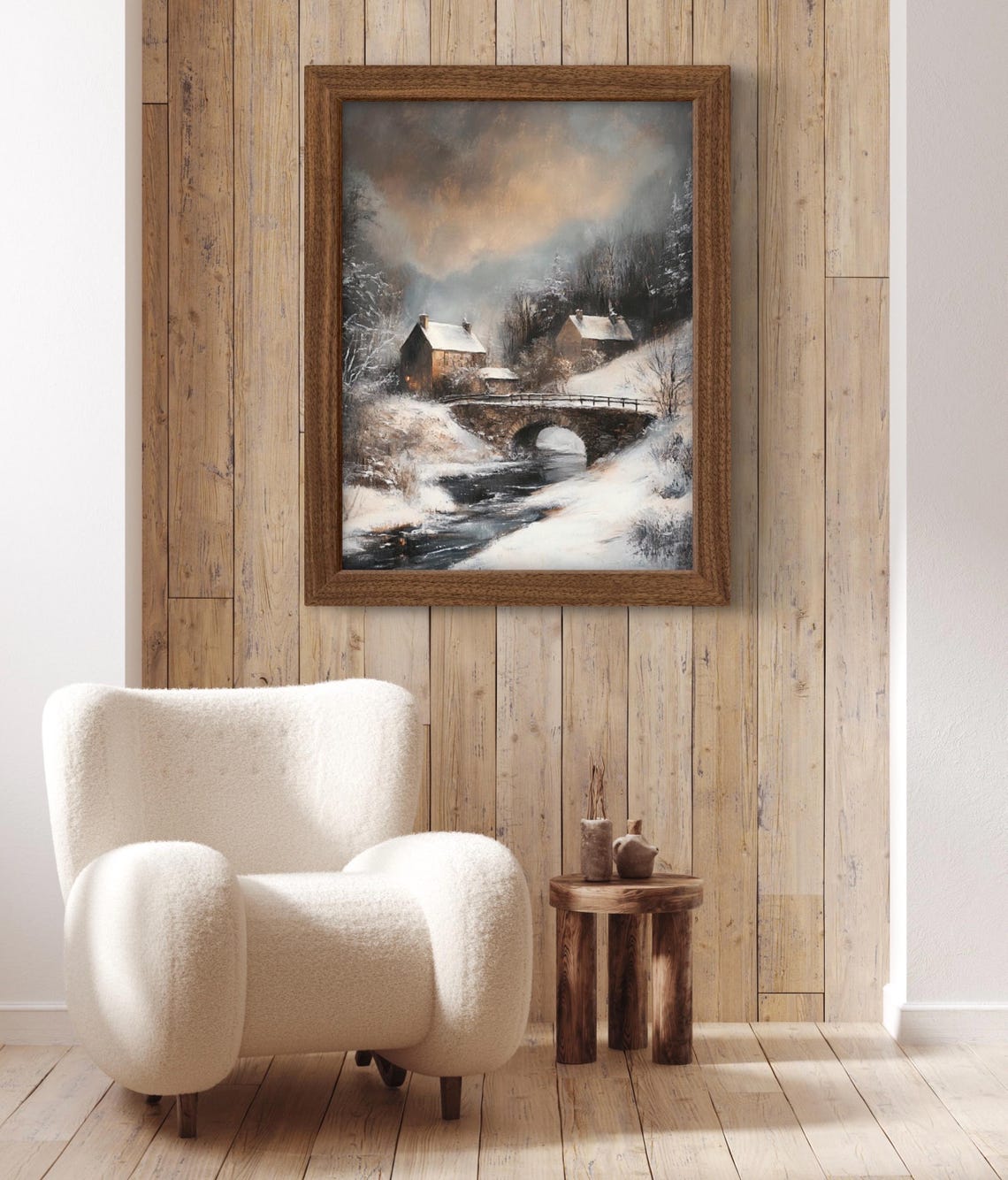 Moody Snowy Village Stone Bridge River Sunset Winter Landscape Poster - Image 2