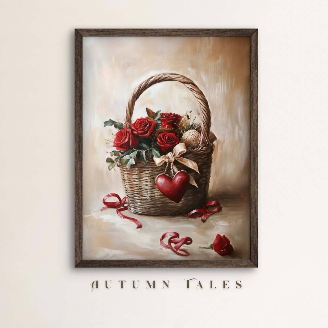 Red Roses Wicker Basket Red Heart Valentines Bouquet Art Poster