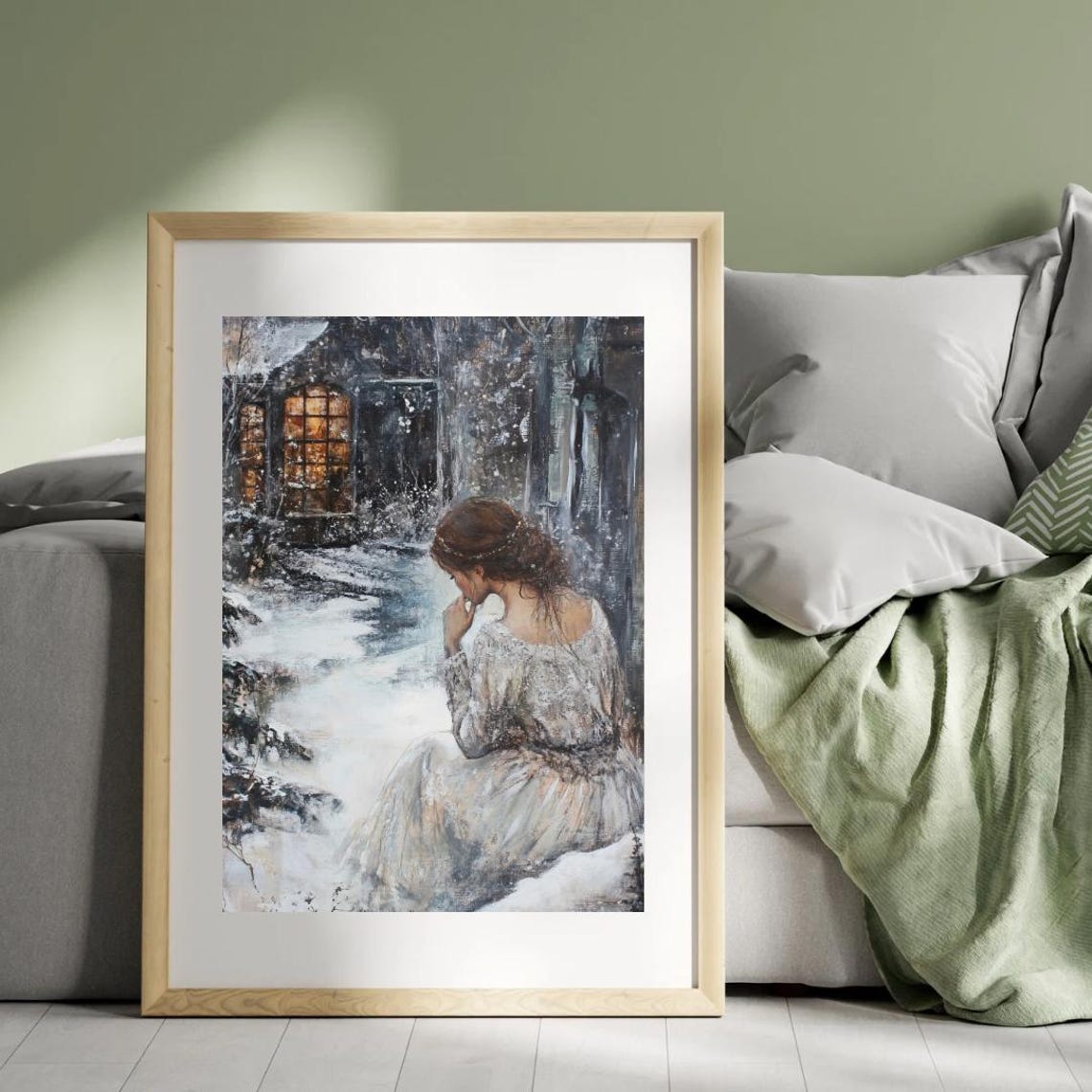 Victorian Winter Cottagecore Wall Art Print Of A Girl In White Dress Moody Snowy Day Vintage Romantic Painting - Image 2