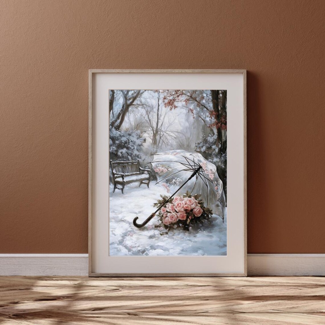 Pink Roses Under Transparent Umbrella in Snowy Garden Romantic Wall Art Poster - Image 6