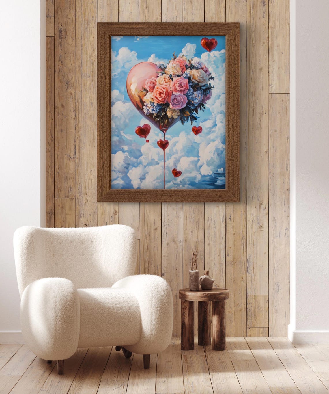 Floral Heart Hot Air Balloon Cloudy Blue Sky Romantic Art Poster - Image 3
