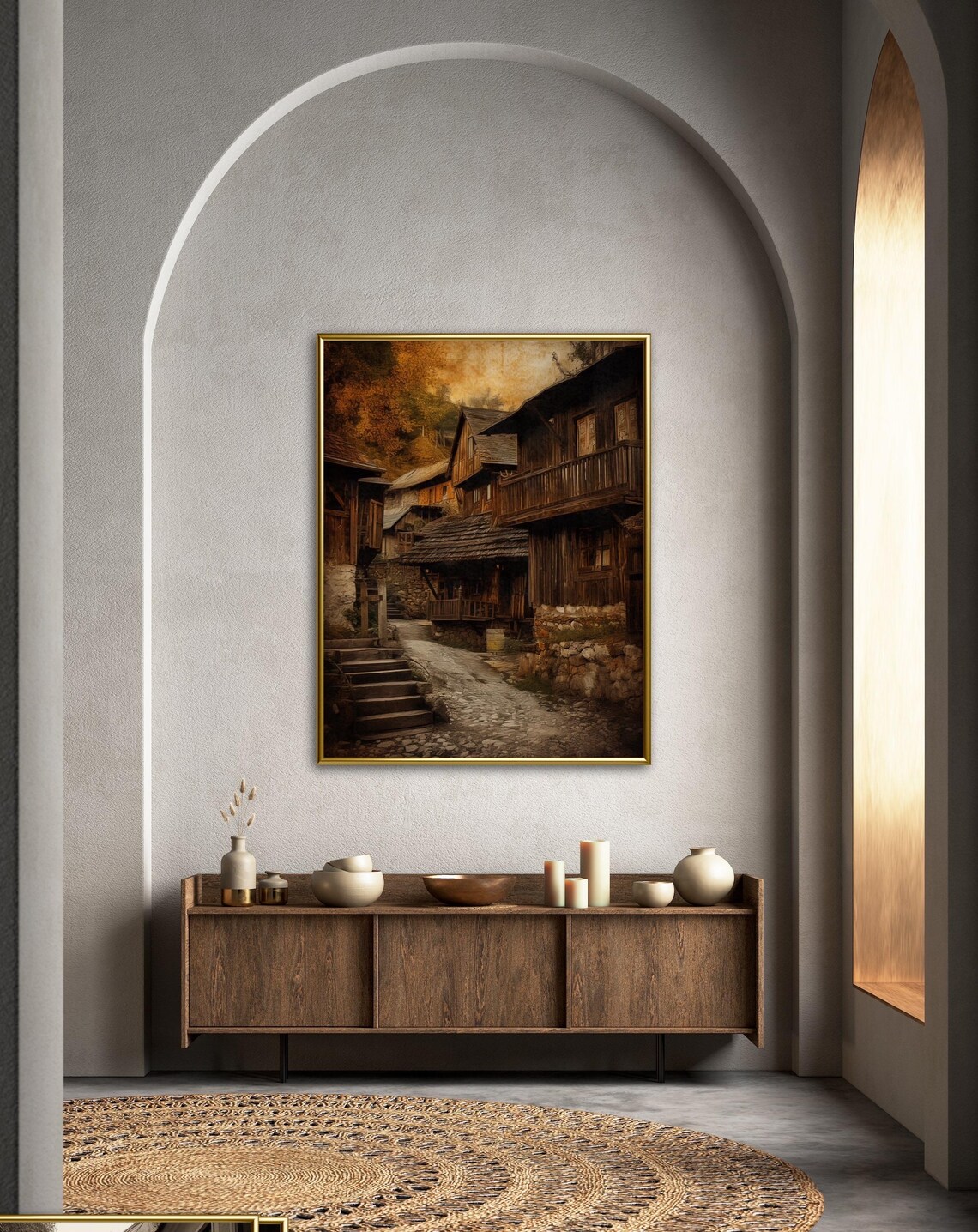 Antique Wooden Village Street With Cobblestone Path Golden Autumn Art Poster - Image 5