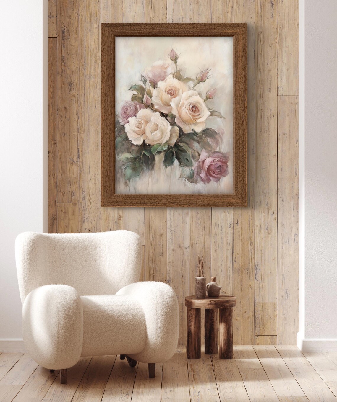 Beige and Blush Pink Roses Bouquet Vintage Botanical Floral Wall Art Print - Image 2