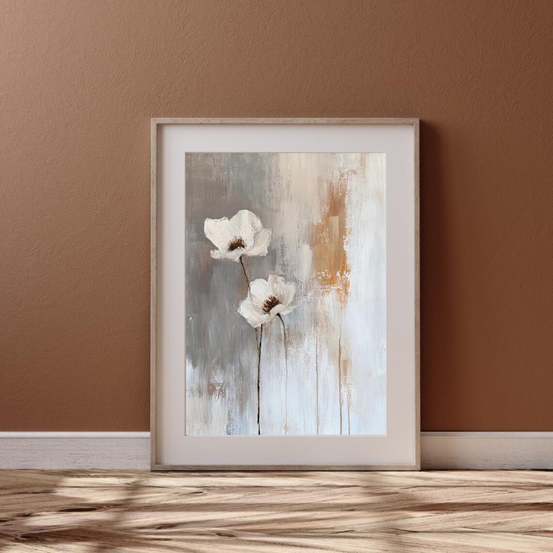 Minimalist White Flowers on Gray Abstract Wabi Sabi Botanical Wall Art Print - Image 6