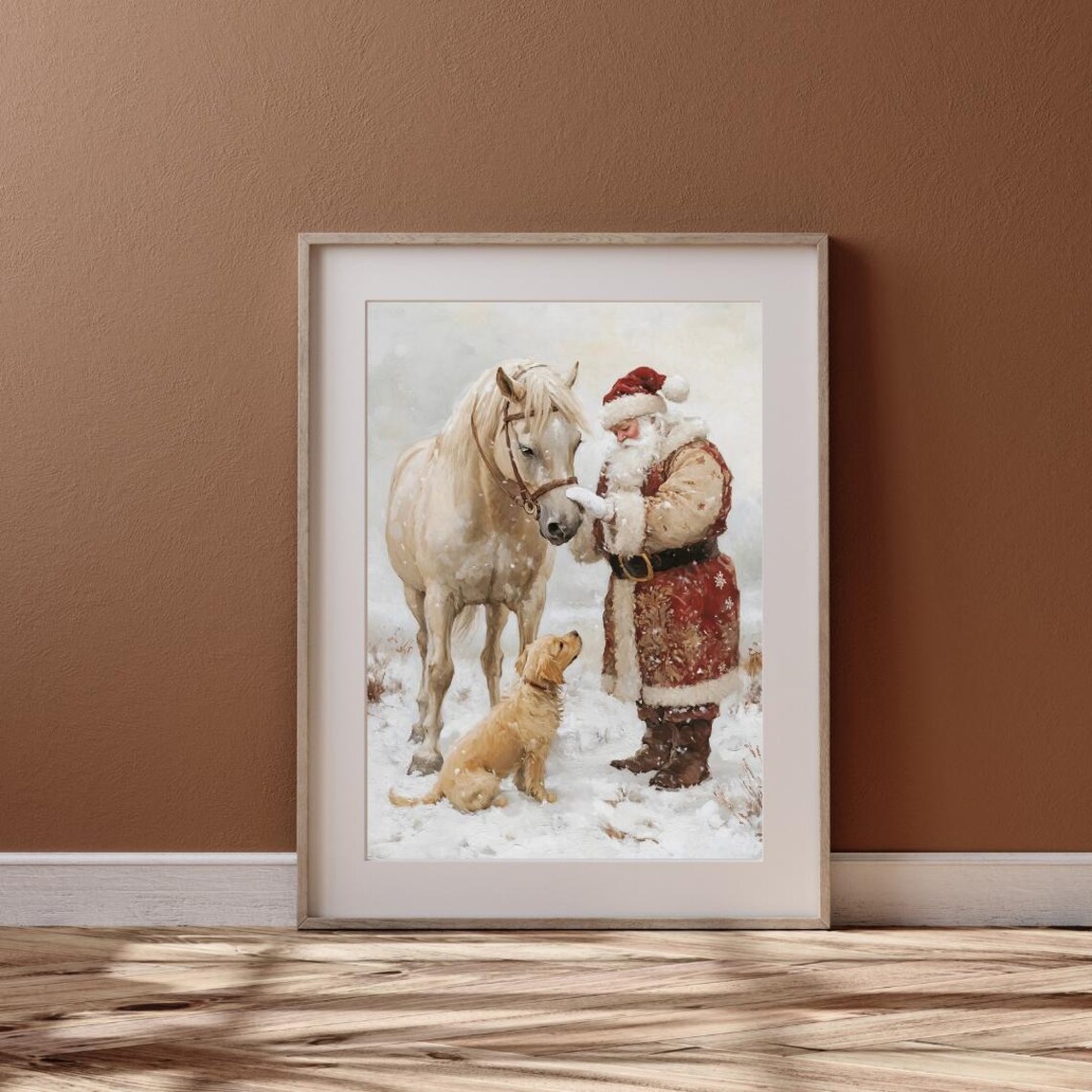Vintage Christmas Santa, Horse and Retriever Art Print - Image 4