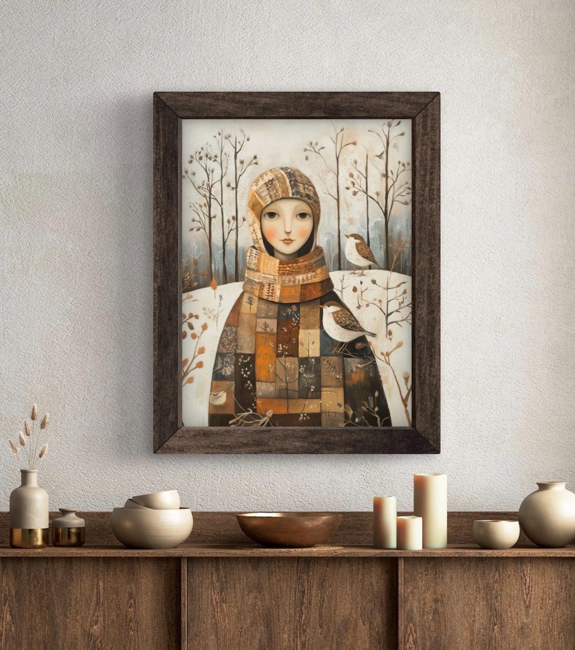 Folk Art Winter Female Portrait Wall Art Print A Girl In Snoey Forest With Two Birds Cozy Earthy Tones Seasonal - Image 5