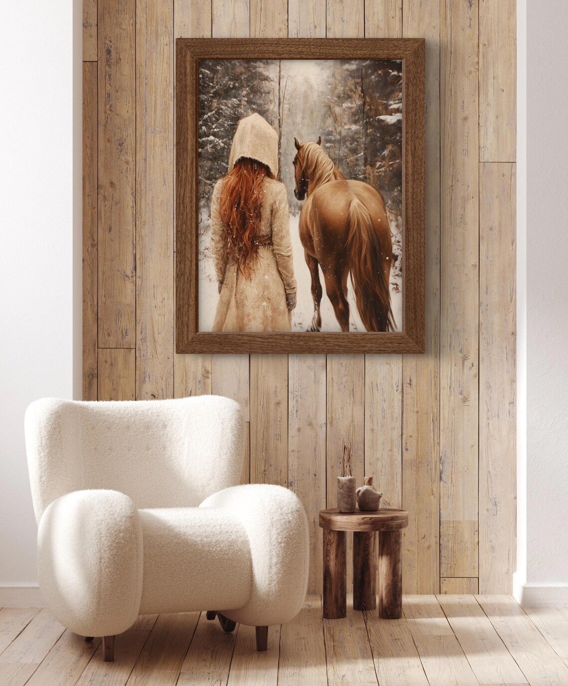 Red Haired Girl With Chestnut Horse In Snowy Forest Winter Art Painting Poster - Image 4
