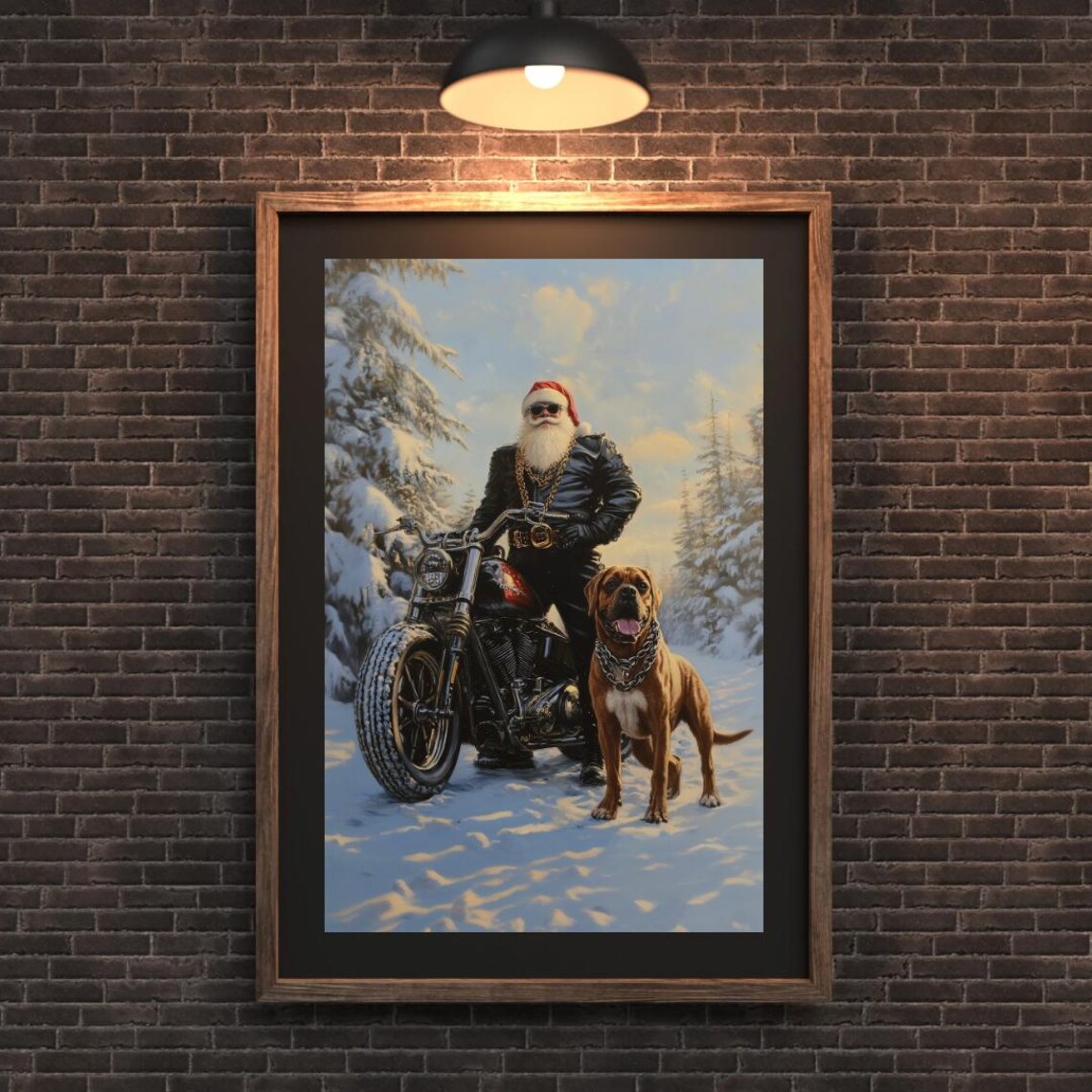 Biker Santa Motorcycle with Big Dog Funny Winter Holiday Poster - Image 5