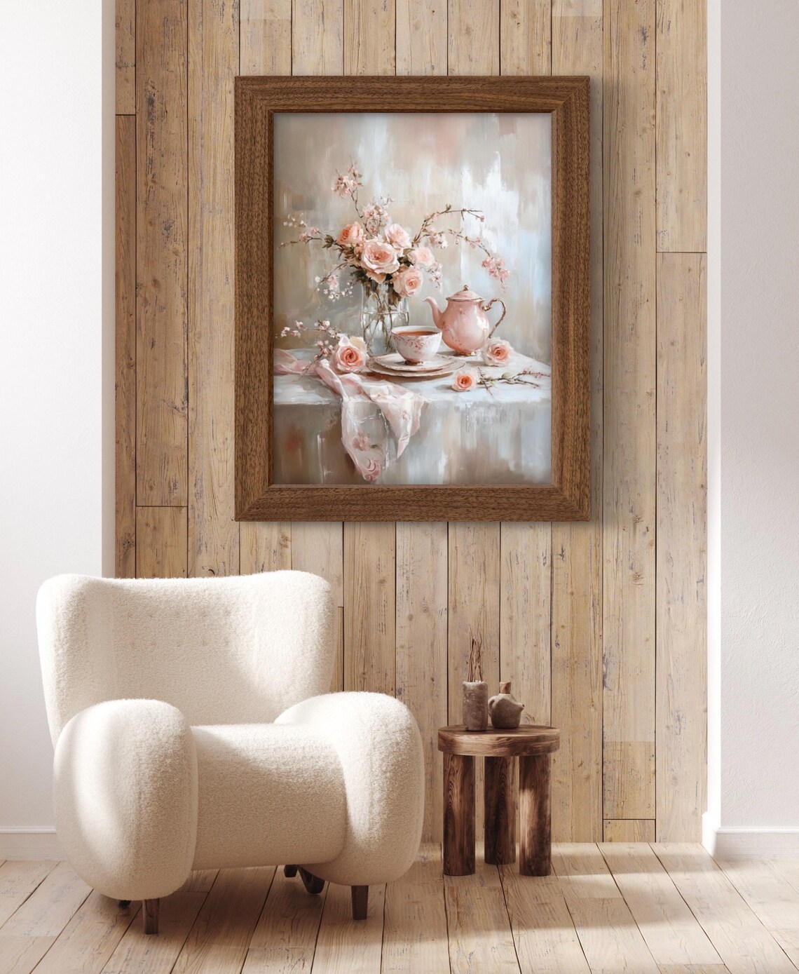 Pink Tea Time Still Life Teapot Teacup Roses Cottagecore Floral Poster - Image 3