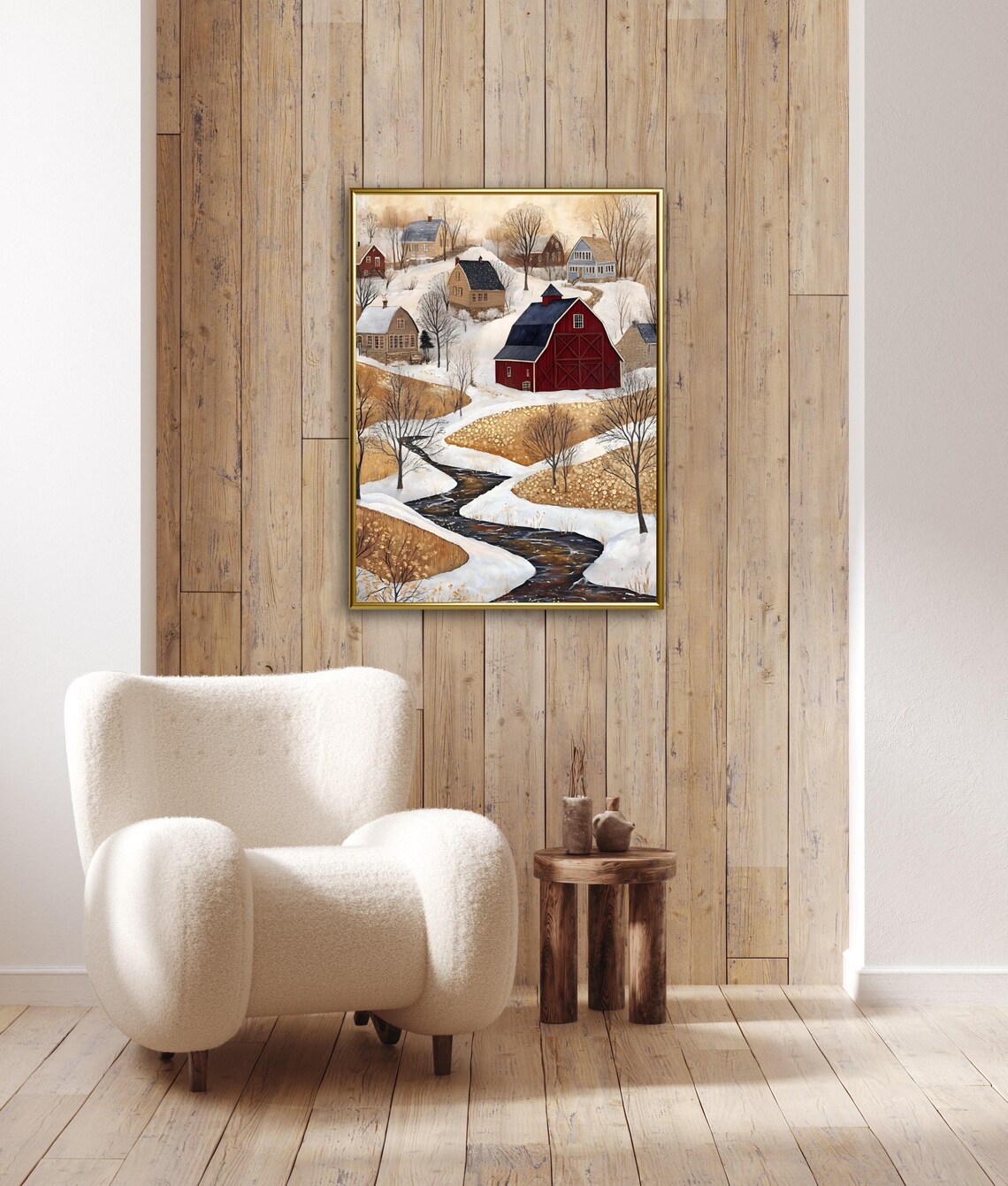 Folk Art Snowy Farm Town With Red Barn And Winter River Art Print - Image 3