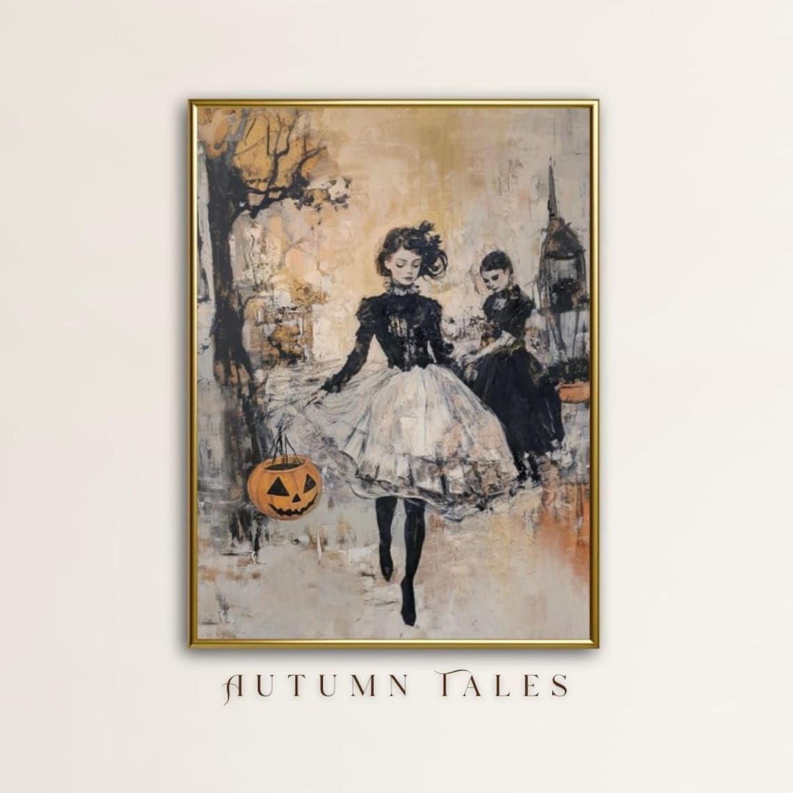 Autumn Tales Gothic Girl Pumpkin Bucket Trick Or Treat Halloween Art Print