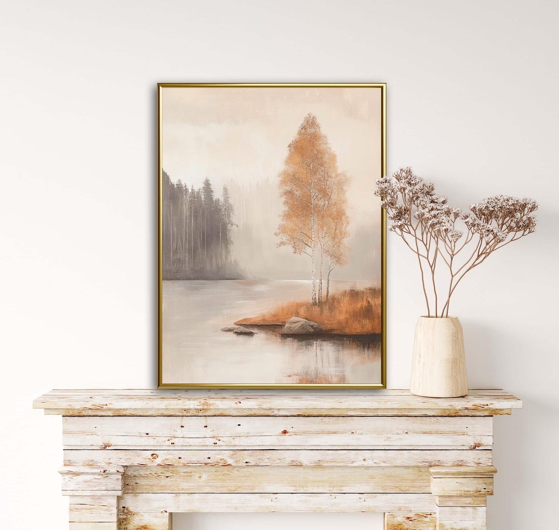 Misty Fall Forest Golden Birch Trees Lake Autumn Landscape Poster - Image 6