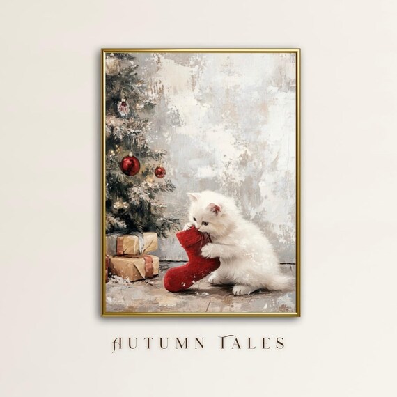 Vintage White Kitten Christmas Wall Art Cozy Cat With Red Christmas Stocking By Tree Kids Room Decor Moody Winter Animal Print