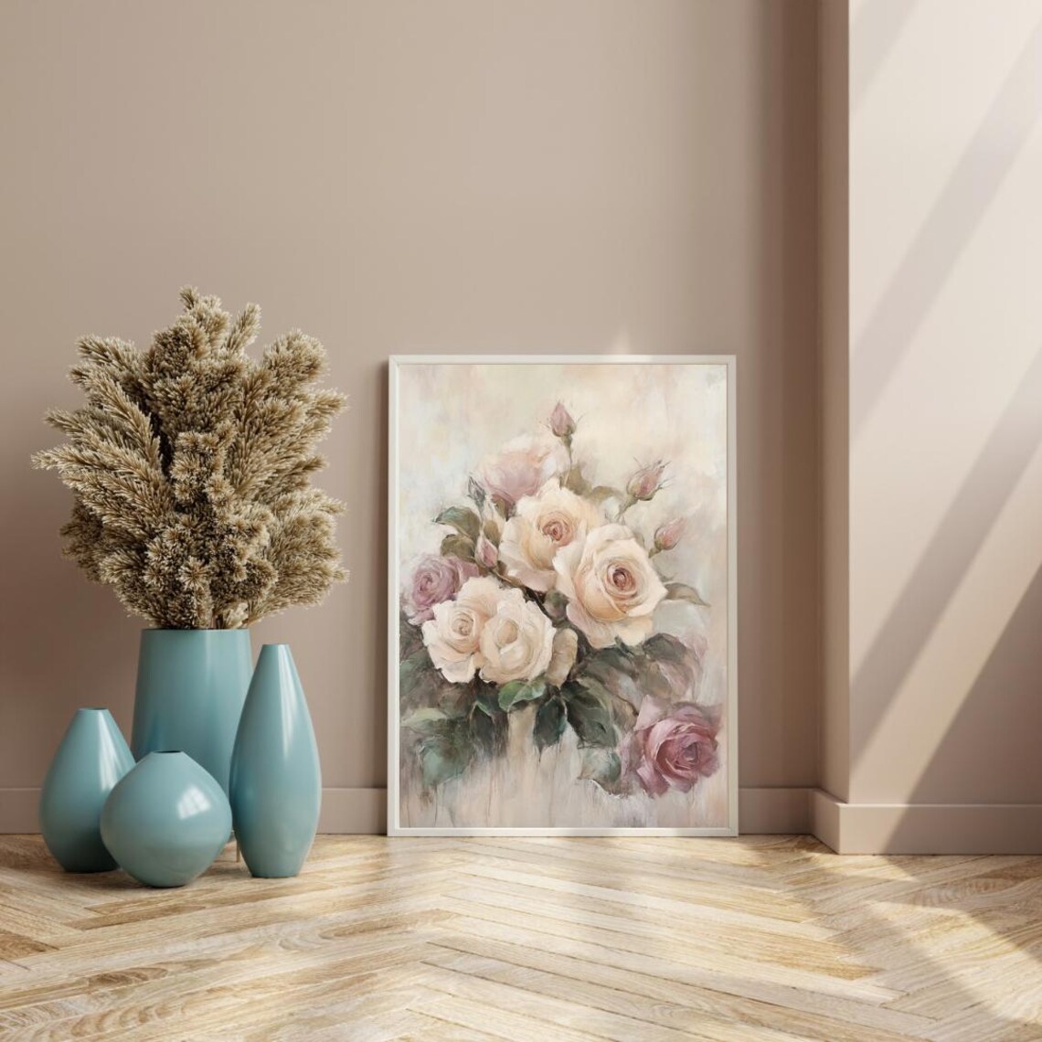 Beige and Blush Pink Roses Bouquet Vintage Botanical Floral Wall Art Print - Image 4