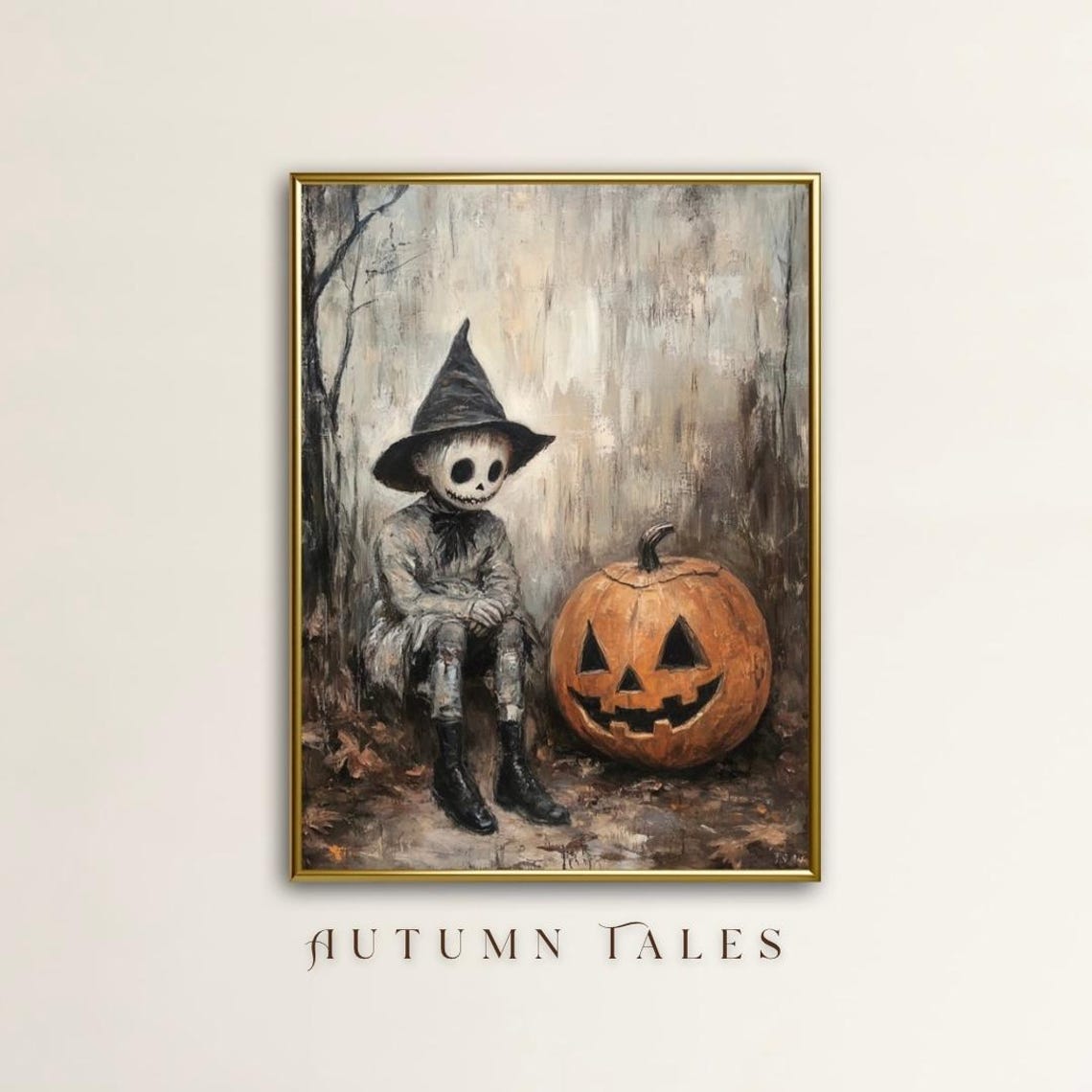 Spooky Skeleton Boy Witch Hat Jack O Lantern Fall Halloween Poster