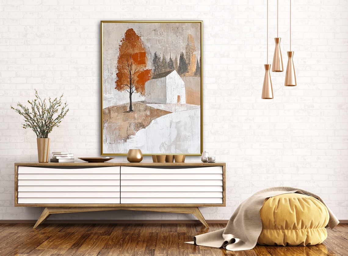 Autumn Tales Minimalist White Barn Orange Tree Rustic Fall Scene Poster - Image 2