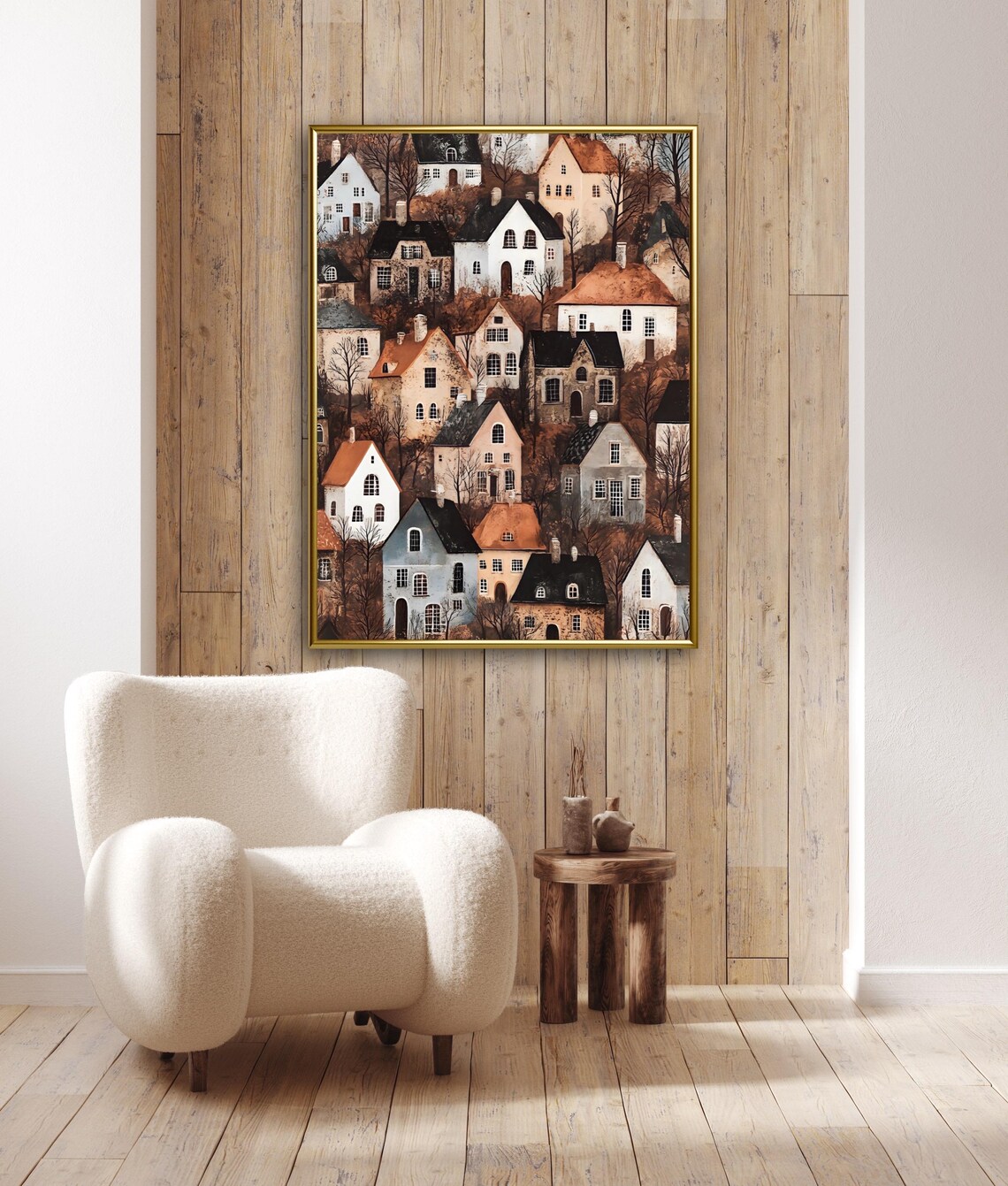 Folk Art Hillside Town Of Autumn Houses In Earthy Tones Art Print - Image 3
