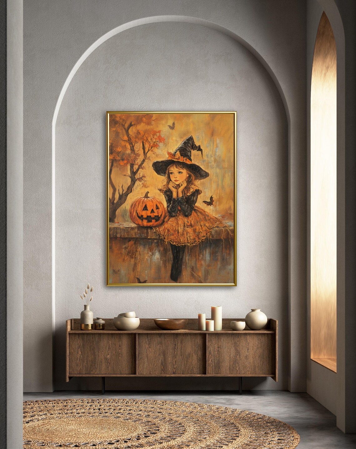 Little Witchy Girl and Pumpkin Halloween Art Print - Image 2