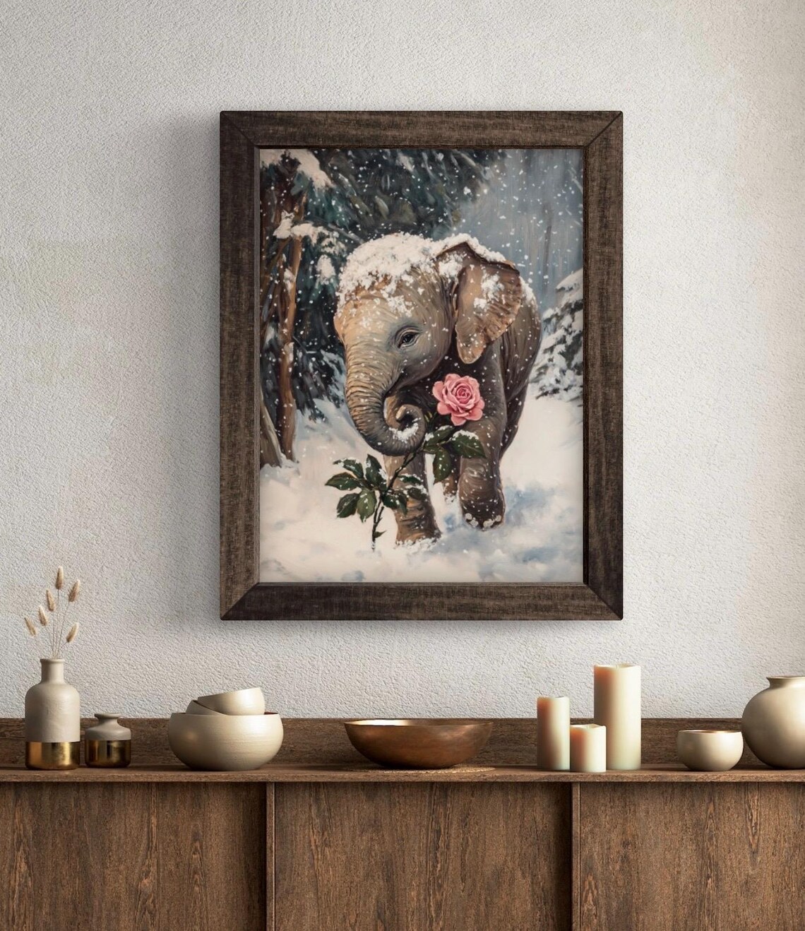Cute Baby Elephant in Snow Holding Pink Rose Winter Animal Wall Art Poster - Image 5