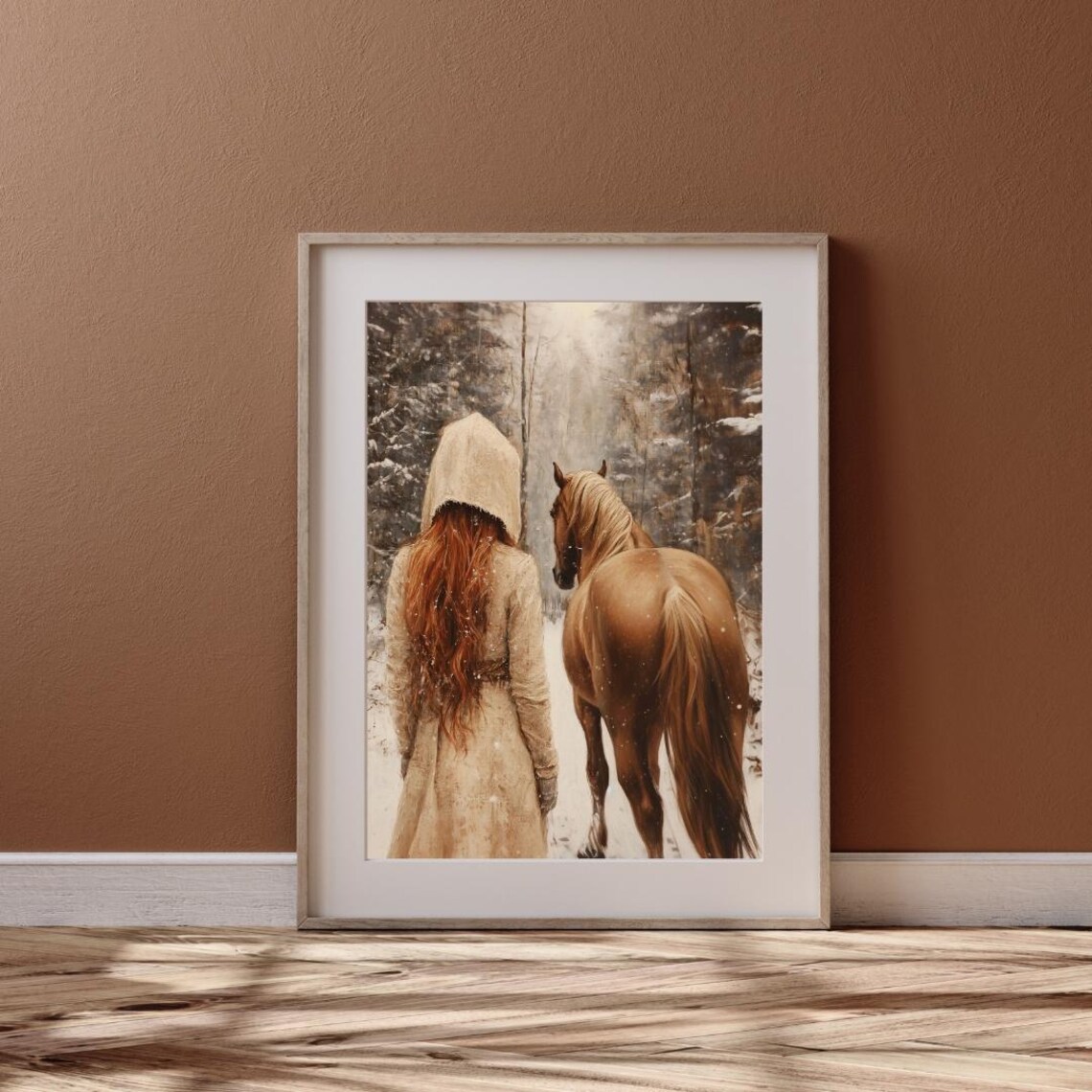 Red Haired Girl With Chestnut Horse In Snowy Forest Winter Art Painting Poster - Image 6