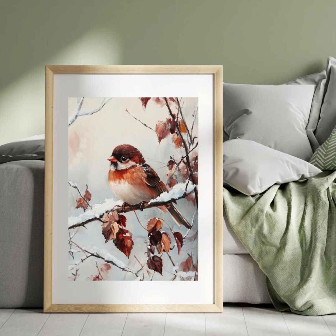 Red Headed Sparrow On Snowy Branch With Rust Leaves Vintage Bird Art Print - Image 3
