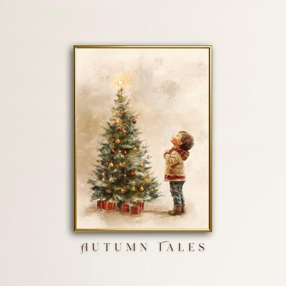 Kids Christmas Wall Art Print Cute Little Boy In Sweatshirt By Christmas Tree Watercolor Nursery Home Decor