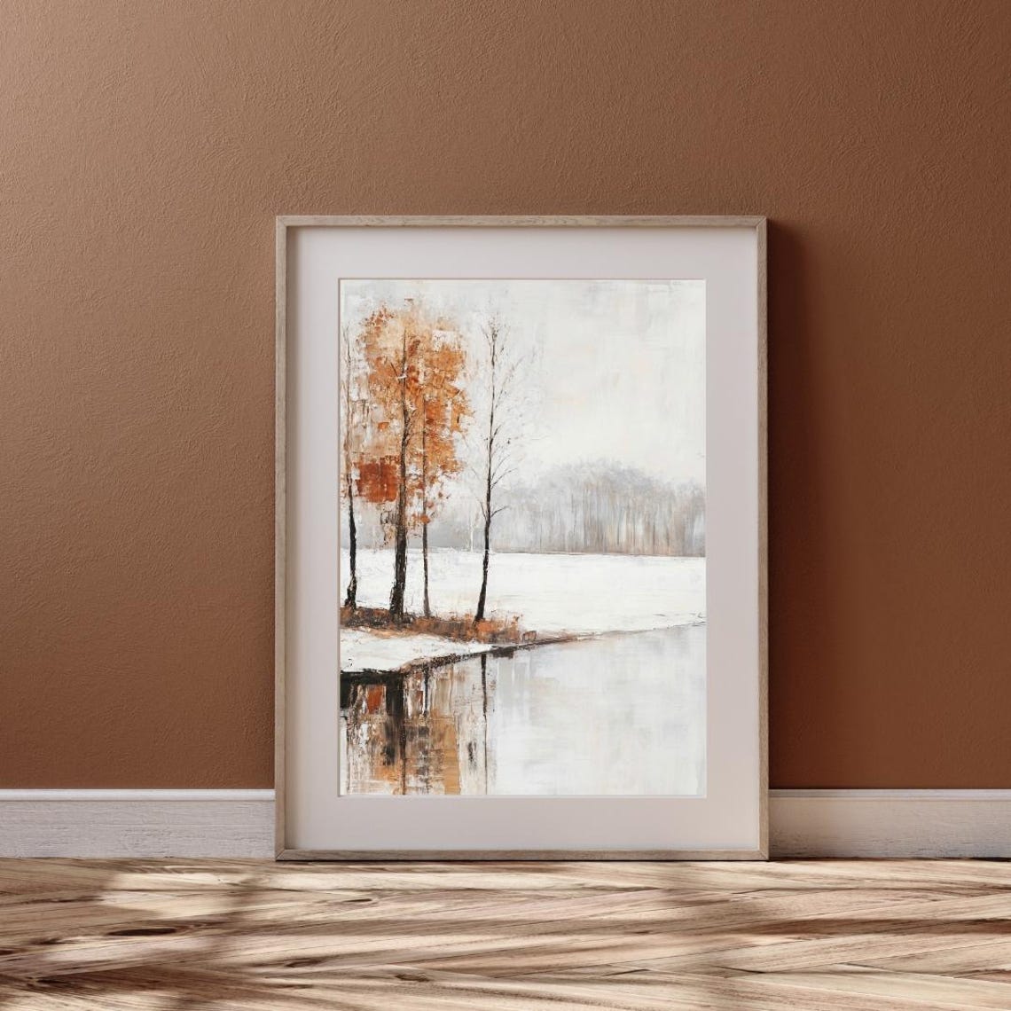 Moody Autumn Trees Lakeside Still Lake Landscape Warm Tone Poster - Image 6