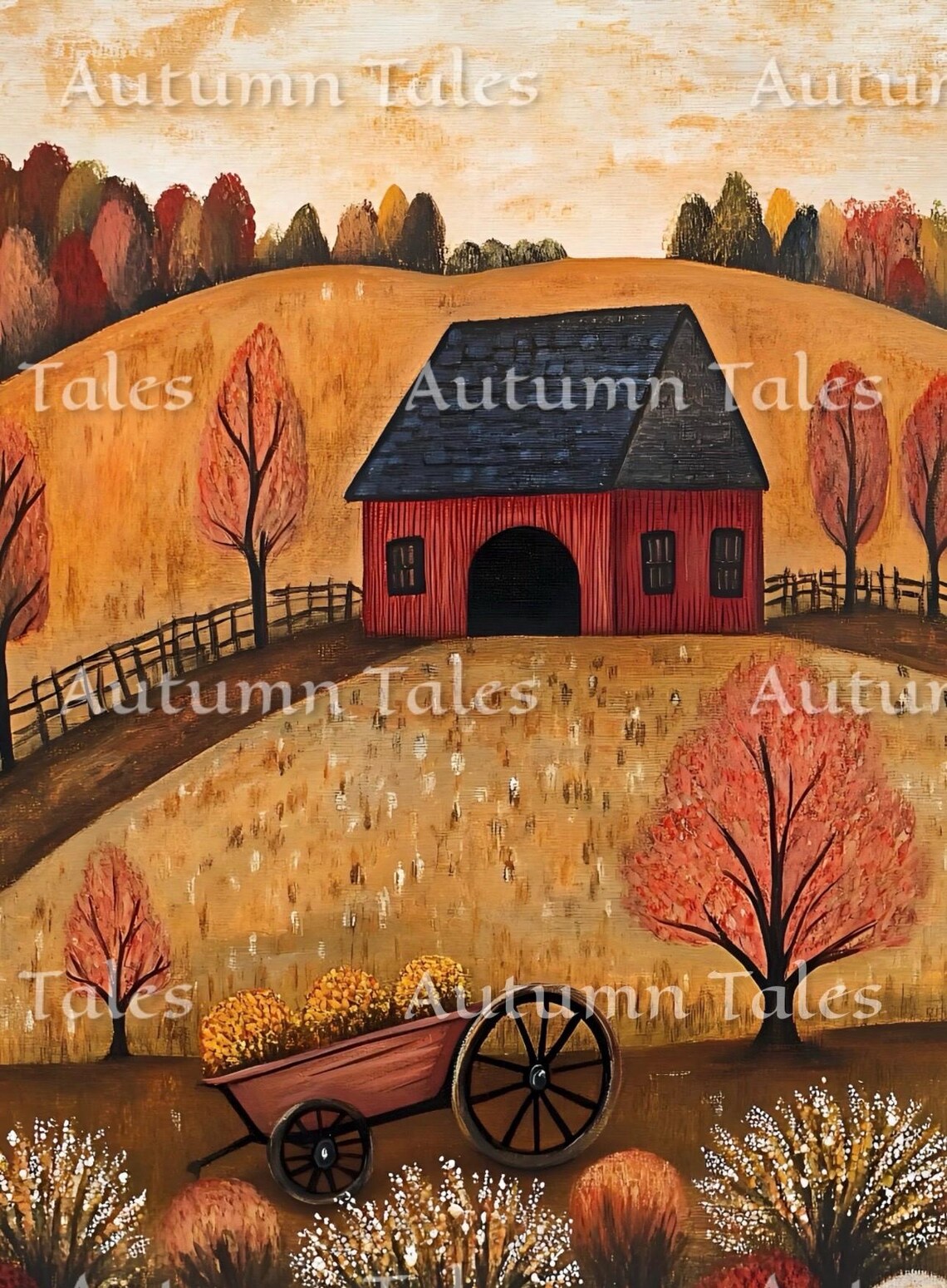 Rustic Folk Art Red Barn With Hay Wagon In Golden Field Art Print - Image 2
