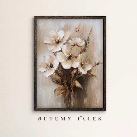 White and Cream Blossoms on Branch Neutral Botanical Wall Art Print