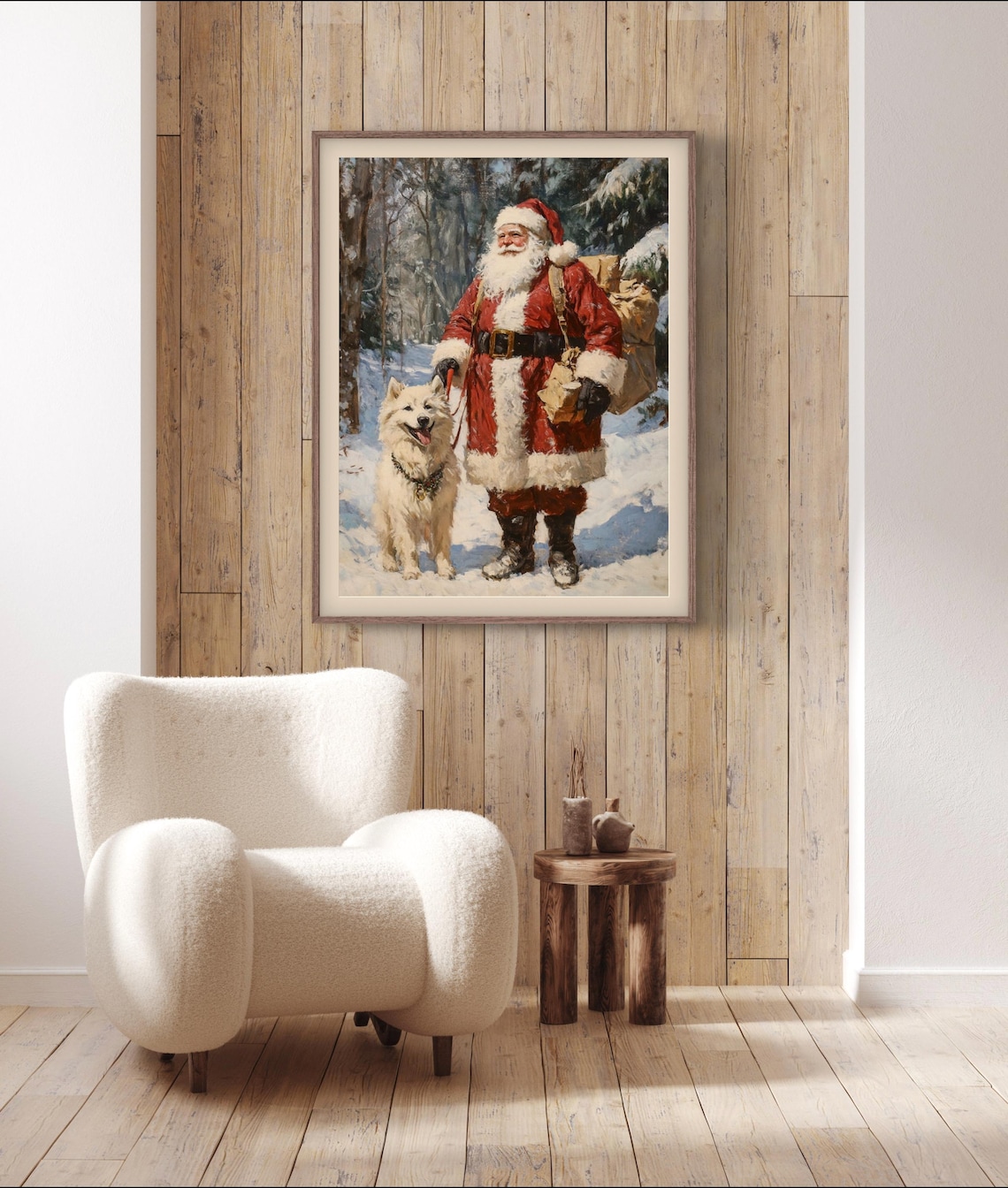 Santa Samoyed Dog in Winter Forest Art Print - Image 4