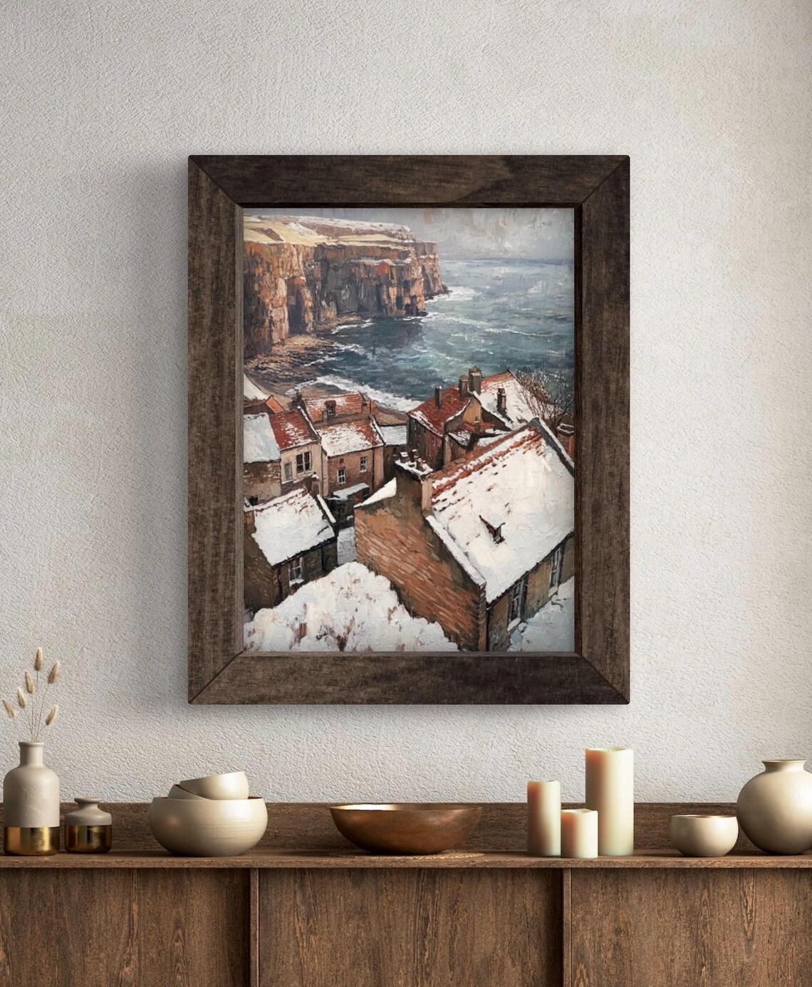 Snowy English Coastal Fishing Village Cliff Cottages Winter Seaside Poster - Image 5