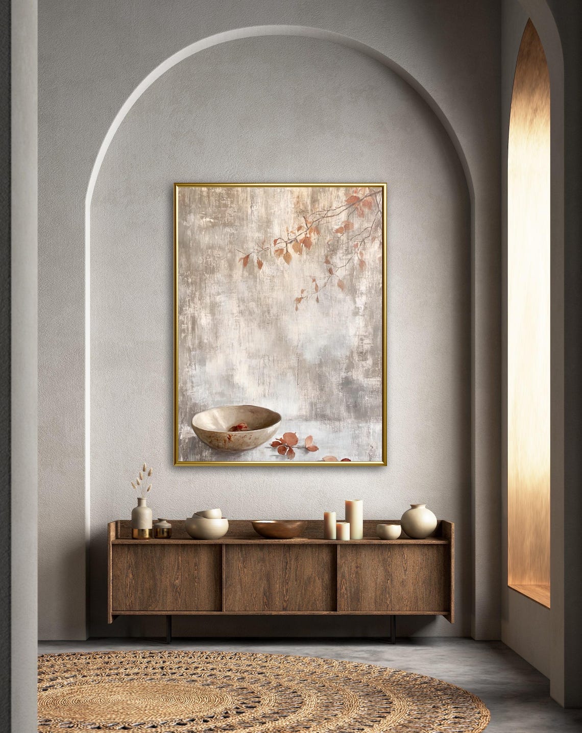 Minimalist Ceramic Bowl With Autumn Leaves Branch Wabi Sabi Wall Art - Image 3