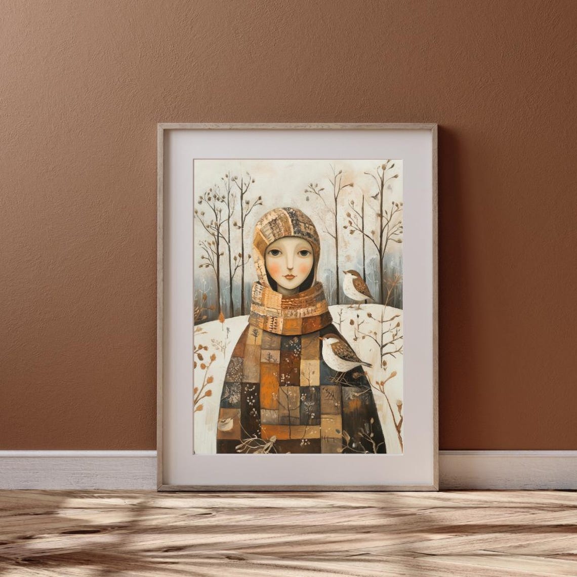 Folk Art Winter Female Portrait Wall Art Print A Girl In Snoey Forest With Two Birds Cozy Earthy Tones Seasonal - Image 6
