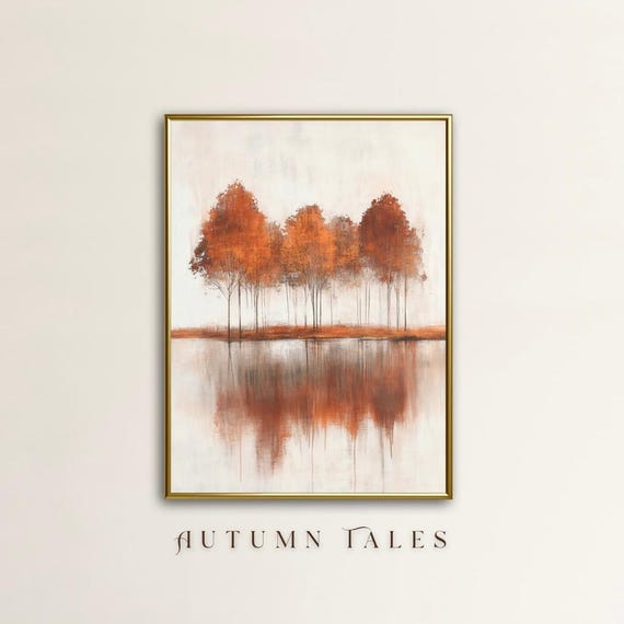 Minimalist White Rustic Orange Fall Winter Wall Art Print White Burnt Orange Countryside Landscape Trees Lake Modern Farmhouse
