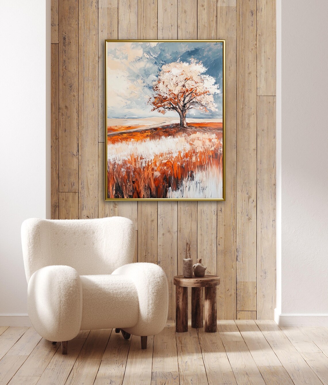 Lone Autumn Tree In Snowy Orange Field Abstract Impressionist Wall Art Print - Image 5