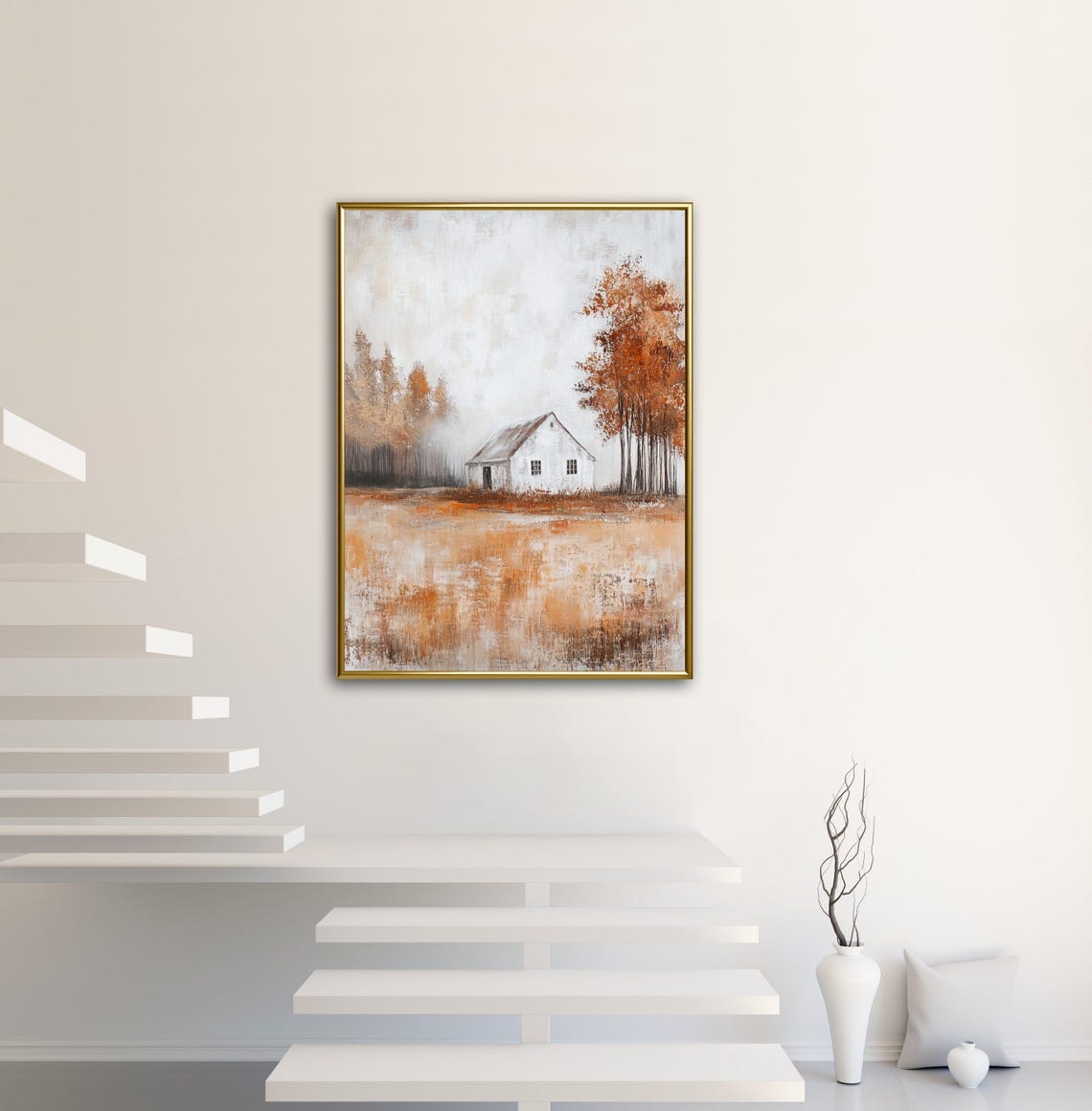 Autumn Tales White Barn Orange Meadow Rustic Fall Art Poster - Image 2