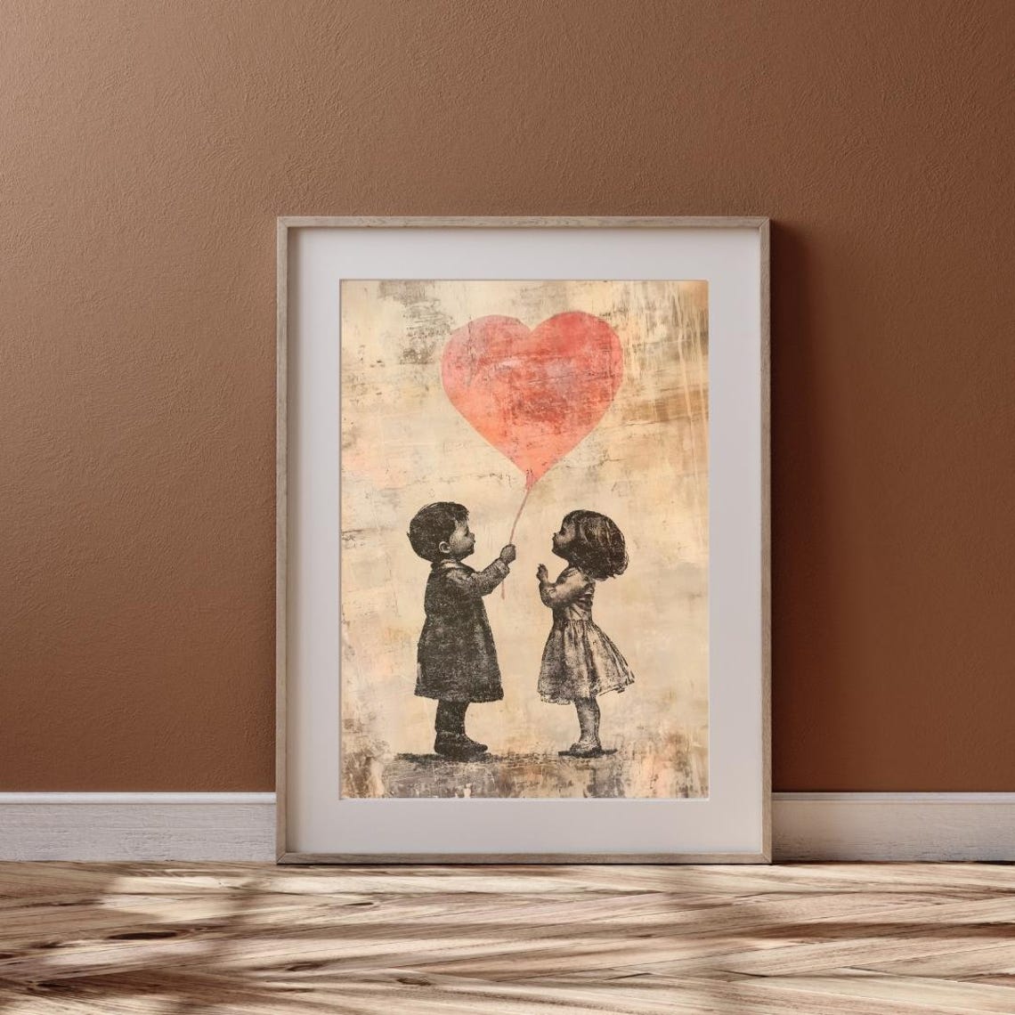 Two Children Giant Heart Balloon Rustic Valentines Day Poster - Image 6