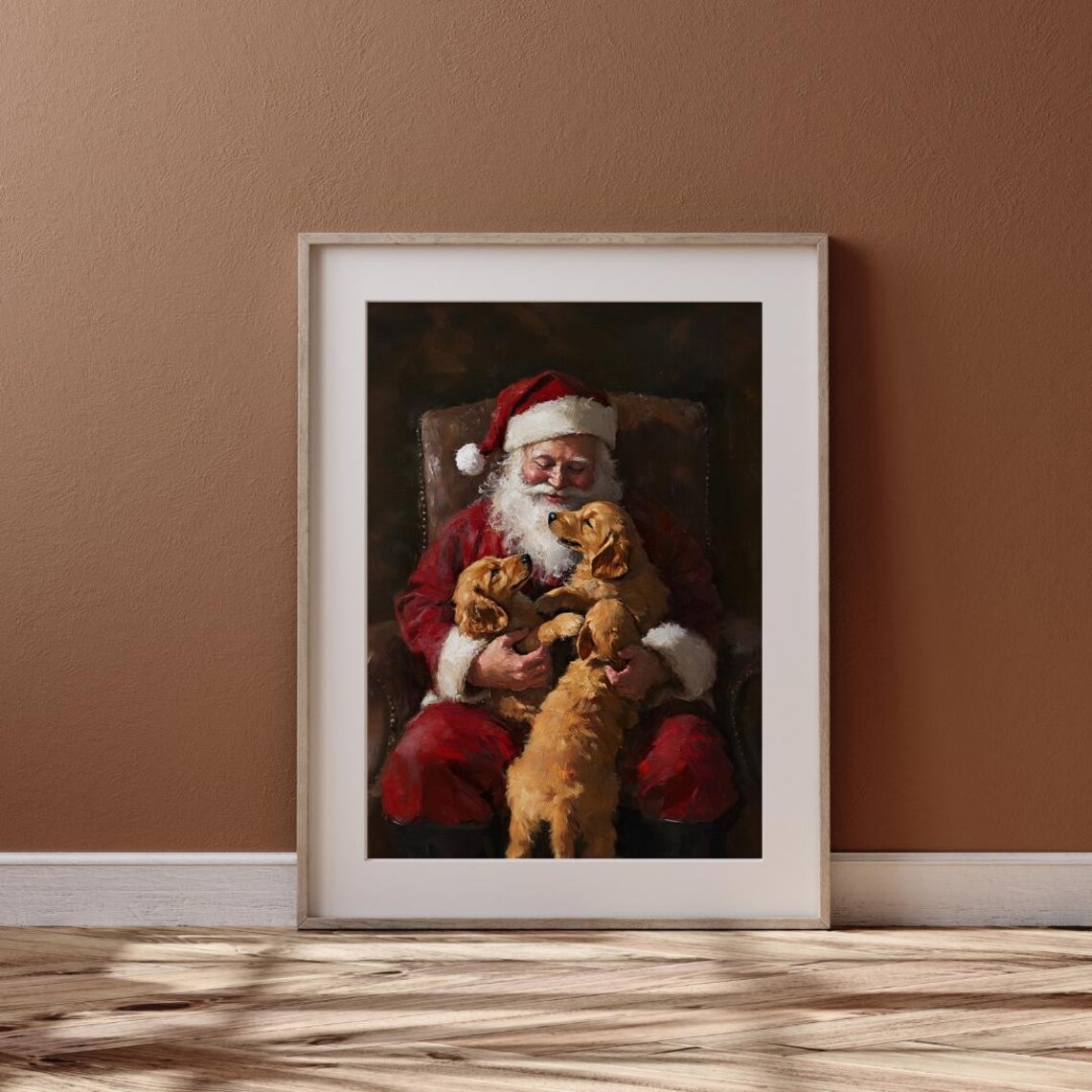 Santa And Golden Retriever Puppies Wall Art Moody Dark Christmas Of Cute Puppies Vintage Rustic Christmas Winter Home Decor - Image 6