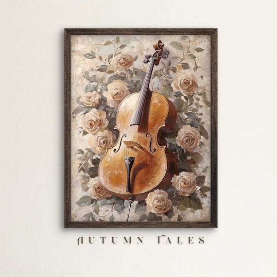 Vintage Cello Surrounded by Cream Roses Floral Musical Instrument Wall Art Print