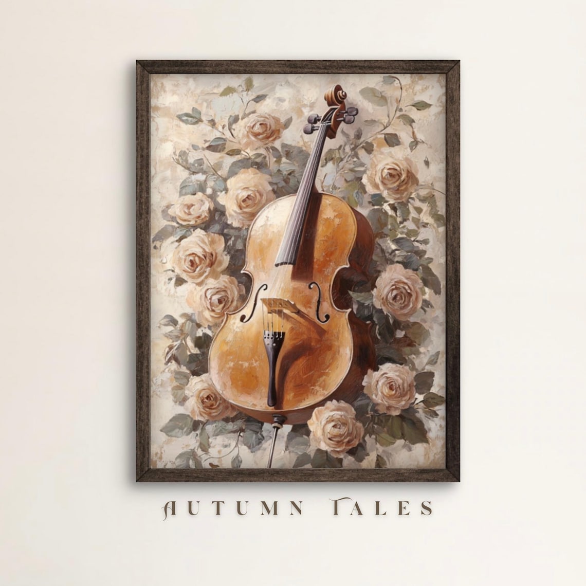 Vintage Cello Surrounded by Cream Roses Floral Musical Instrument Wall Art Print
