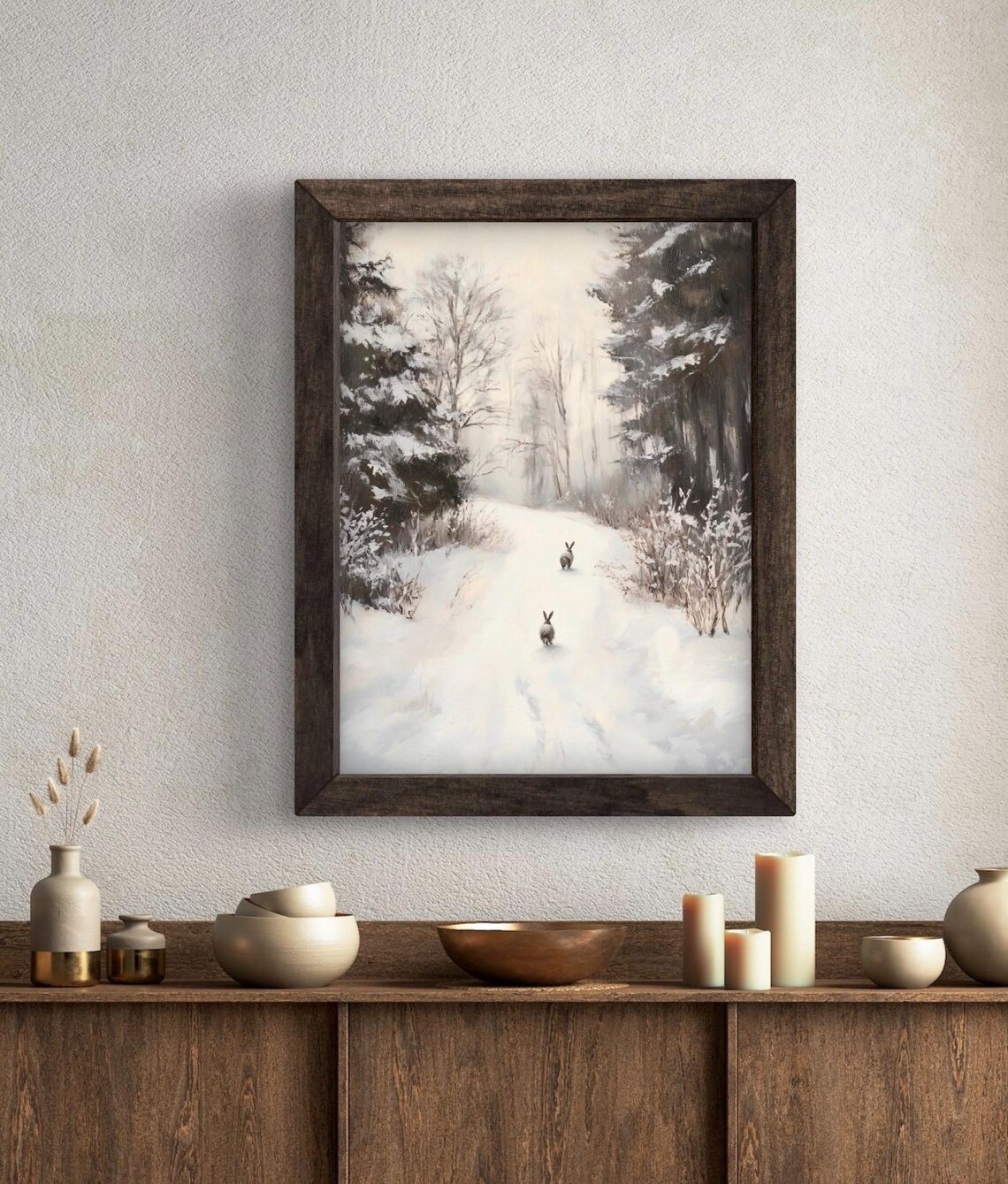 Winter Forest And Bunnies In Snow Art Print - Image 5