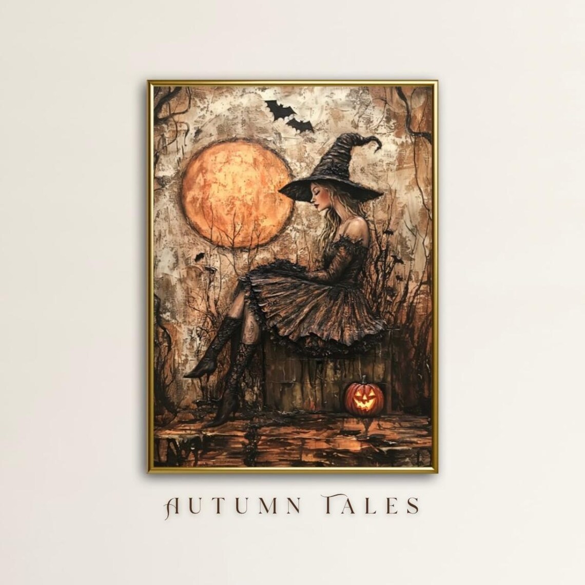 Autumn Tales Witch Full Moon Jack O Lantern Spooky Chic Halloween Art Print