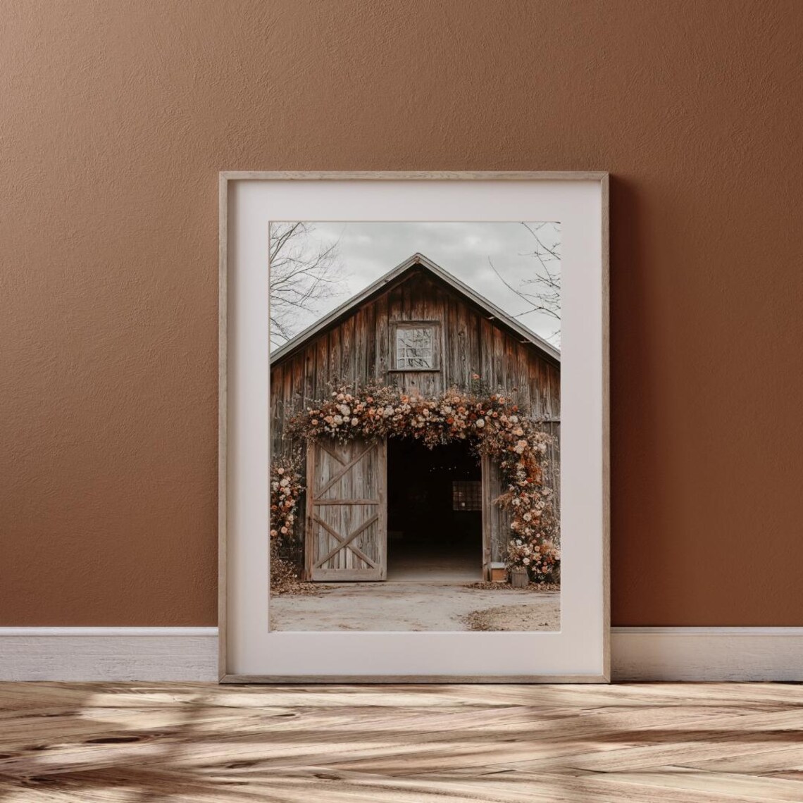 Rustic Wooden Barn with Floral Arch Over Doors Vintage Farmhouse Wall Art Poster - Image 6