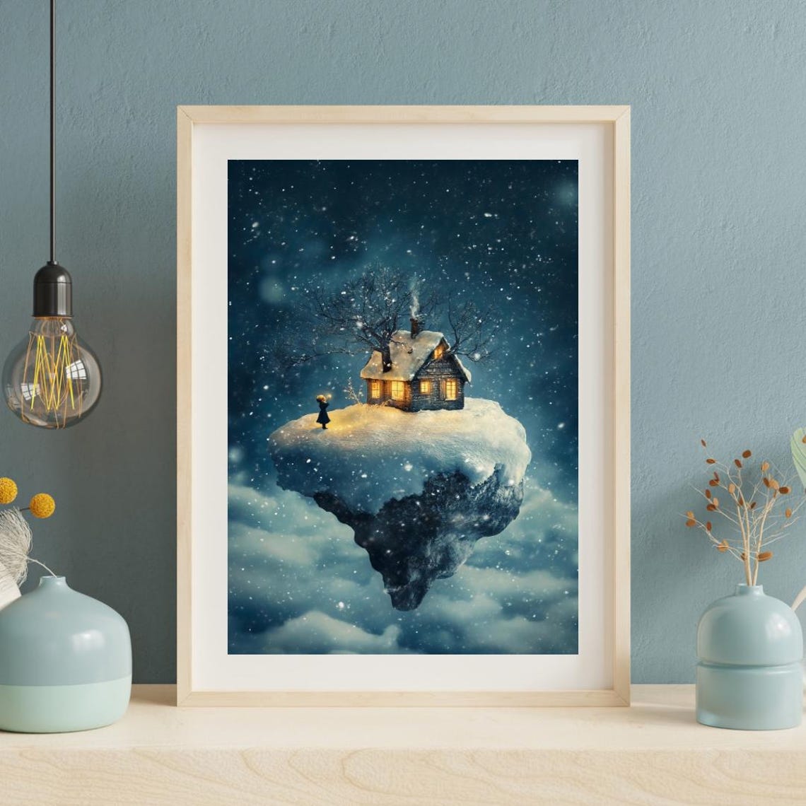 Surreal Floating Island Snow Cottage Starry Night Winter Dream Poster - Image 6