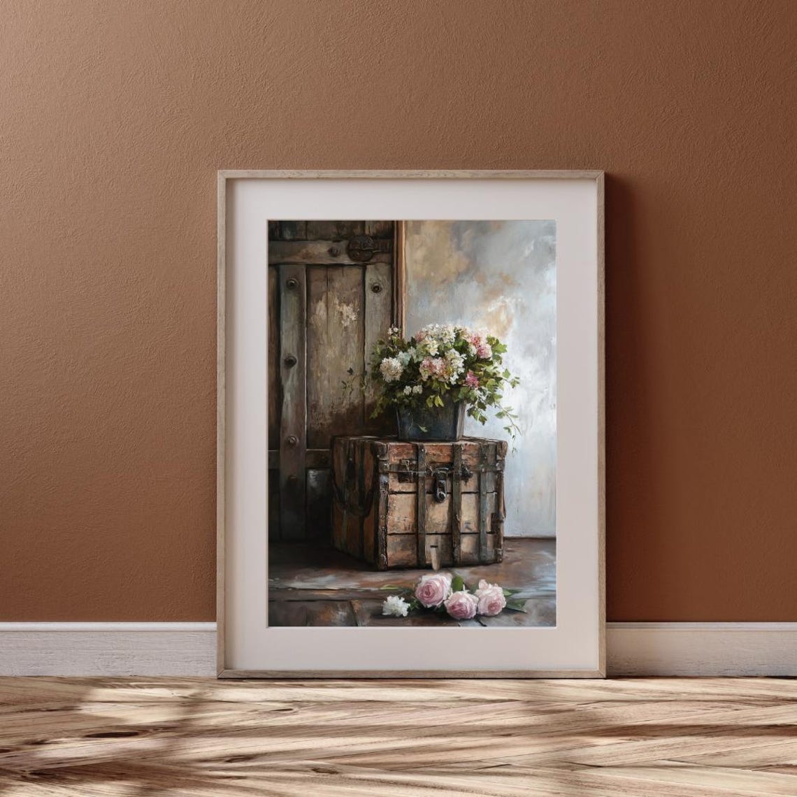 Rustic Trunk Flowers Wooden Door Farmhouse Still Life Art Poster - Image 6