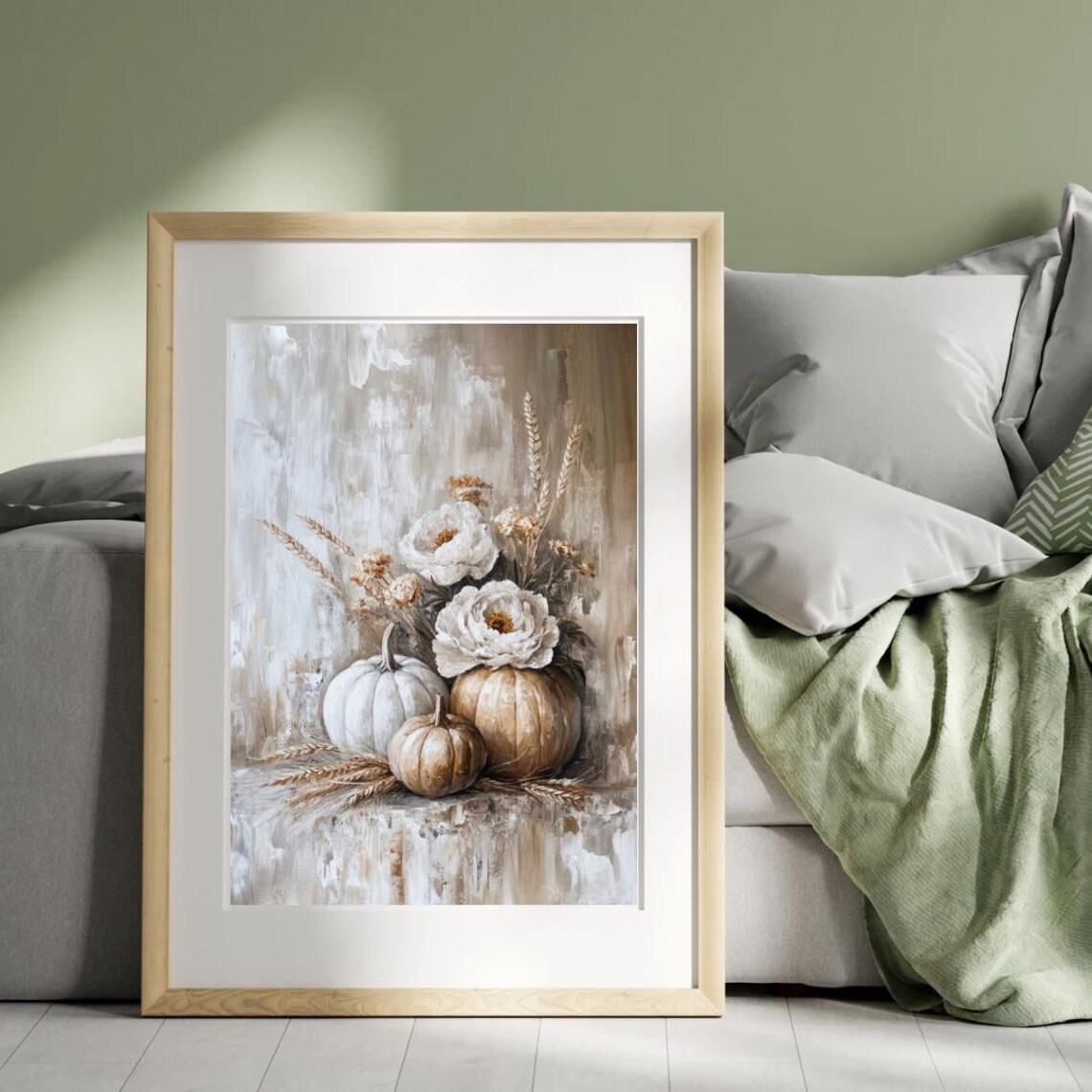 Autumn Tales White Pumpkin Peony Wheat Still Life Neutral Farmhouse Art Print - Image 4