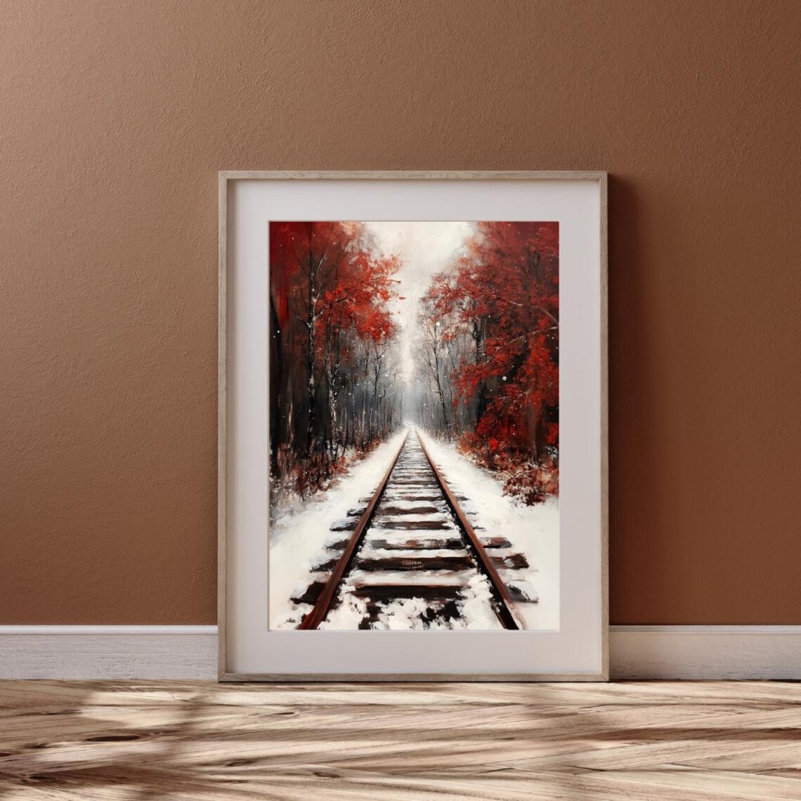 Snowy Railroad Track Through Crimson Winter Forest Moody Landscape Poster - Image 6