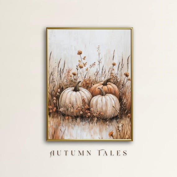 Fall Pumpkin Wildflower Landscape Wall Art Print Vintage Farmhouse Decor Moody Still Life Pumkin Patch Cozy Autumn Harvest Farm
