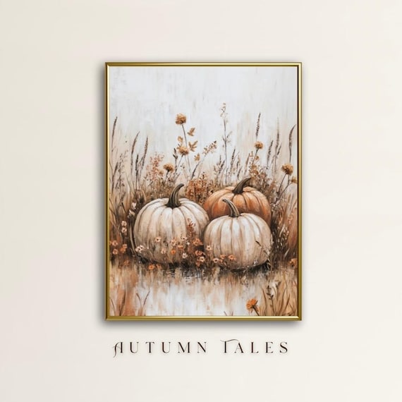 White and Orange Pumpkins in Tall Wheat Grass Autumn Field Wall Art